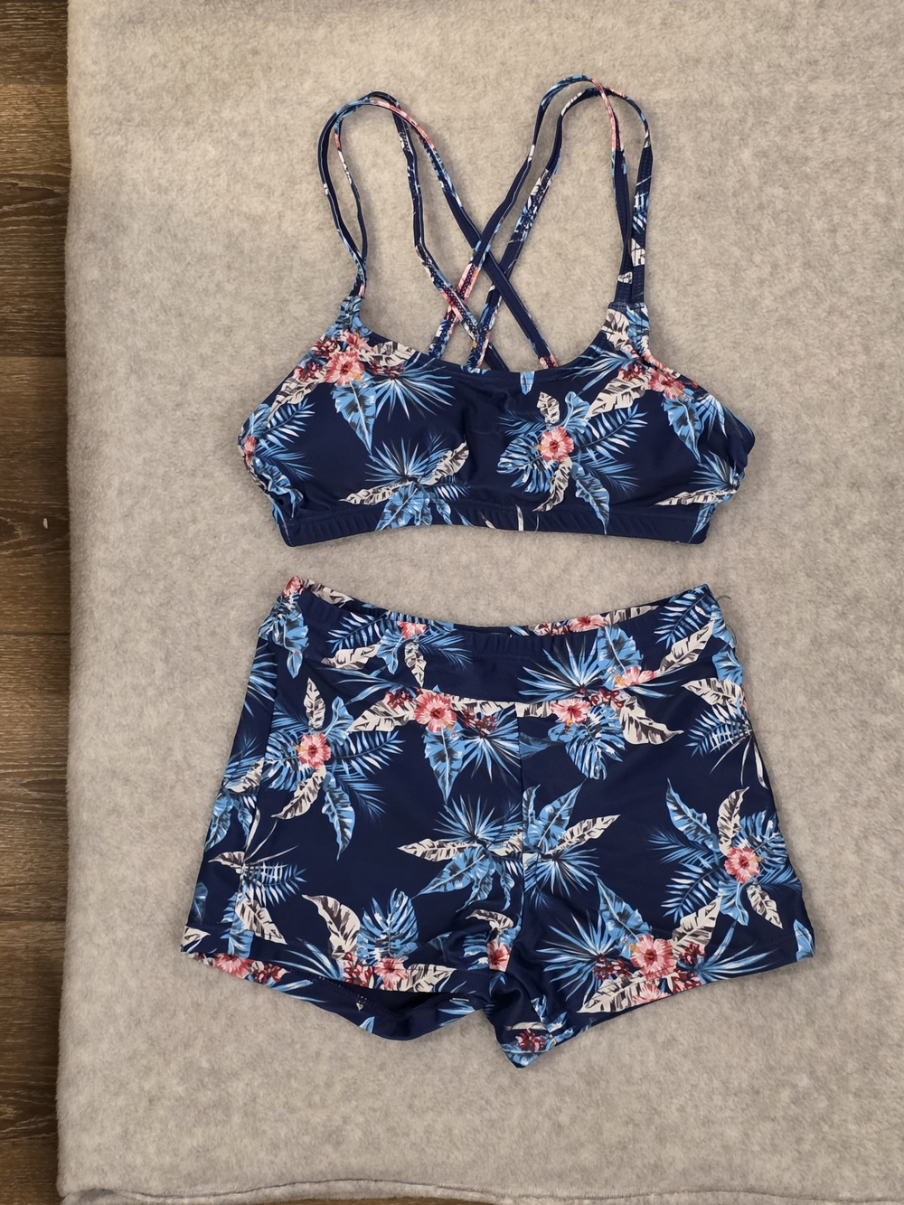 Navy Tropical Floral Tankini Swim Set - Three Piece Bikini Top, Tank, & Shorts